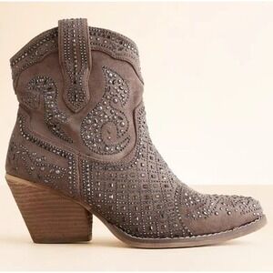 Brown Rhinestone Studded Western Ankle Boots Pointed Toe Cowboy Booties Sz 7 EUC
